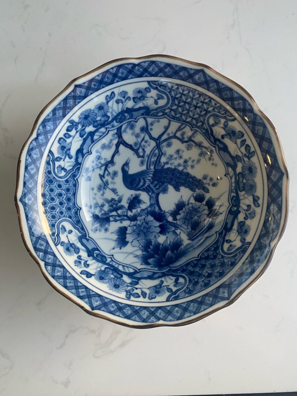 Andrea by Sadek Vintage Blue and White Peacock Design 7 1/2” Bowl